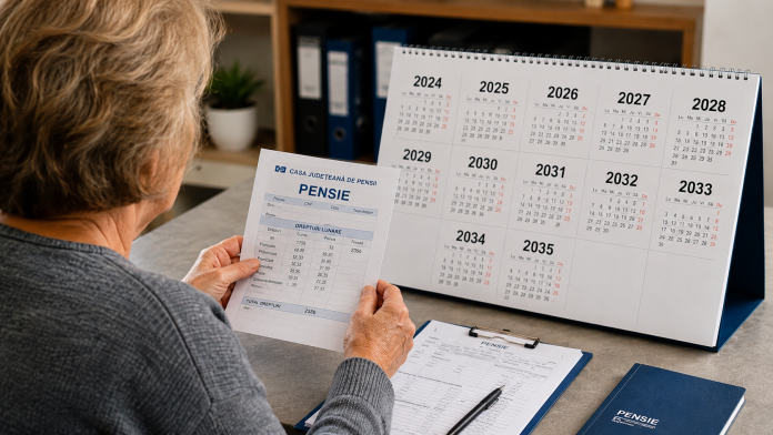 varsta-pensionare-femei-2035.jpg Femeie în vârstă analizând documente de pensie și un calendar.