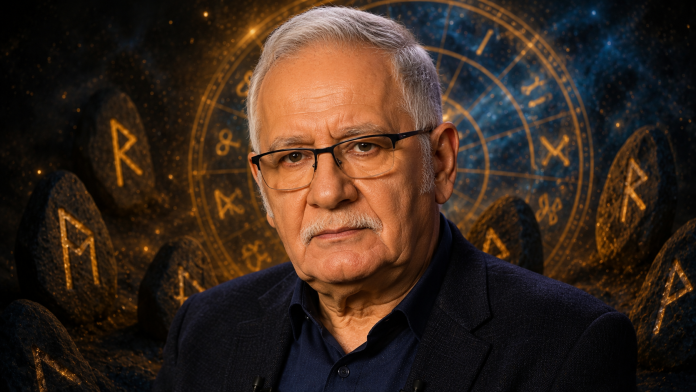 mihai-voropchievici-rune-iulie.jpg Mihai Voropchievici alături de simboluri ale runelor și cerc zodiacal, ilustrând previziunile pentru luna iulie.