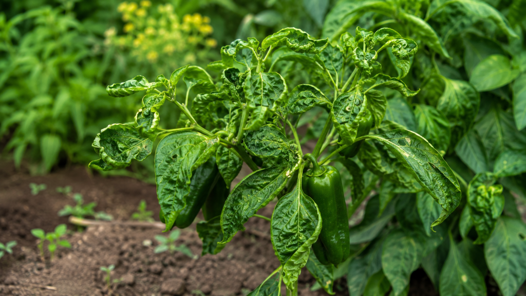 Plantă de ardei cu frunze răsucite și deformate, într-o grădină de legume.