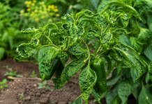 De ce se răsucesc frunzele la ardei? Greșelile care pot afecta dezvoltarea plantelor Plantă de ardei cu frunze răsucite și deformate, într-o grădină de legume.