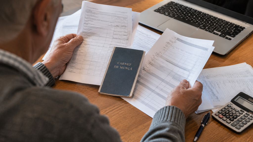 Mâinile unui pensionar analizând documente și adeverințe necesare pentru recalcularea pensiei.