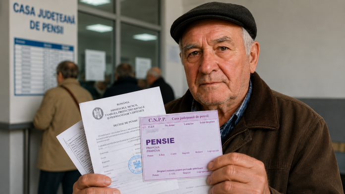Pensionar analizând talonul de pensie și documente oficiale privind ajutorul financiar.