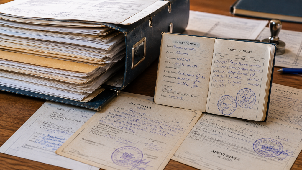 Dosar cu adeverințe vechi de serviciu, carnet de muncă și documente necesare pentru pensie, analizate pe un birou.