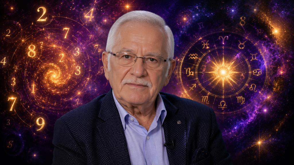 Mihai Voropchievici în prim-plan, cu simboluri numerologice și zodiacale pe fundal, ilustrând previziunile pentru finalul lunii.