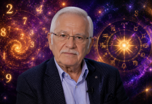 Mihai Voropchievici în prim-plan, cu simboluri numerologice și zodiacale pe fundal, ilustrând previziunile pentru finalul lunii.