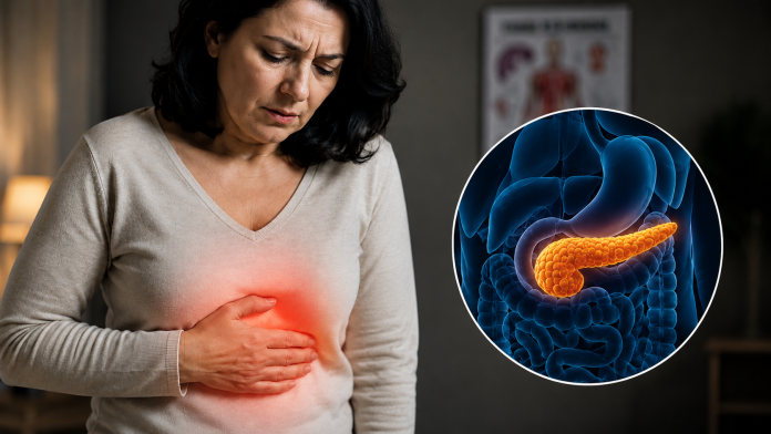 simptome-pancreas-2026.jpg Persoană adultă ținând mâna în partea superioară a abdomenului, ilustrând posibile simptome ale unei afecțiuni pancreatice.