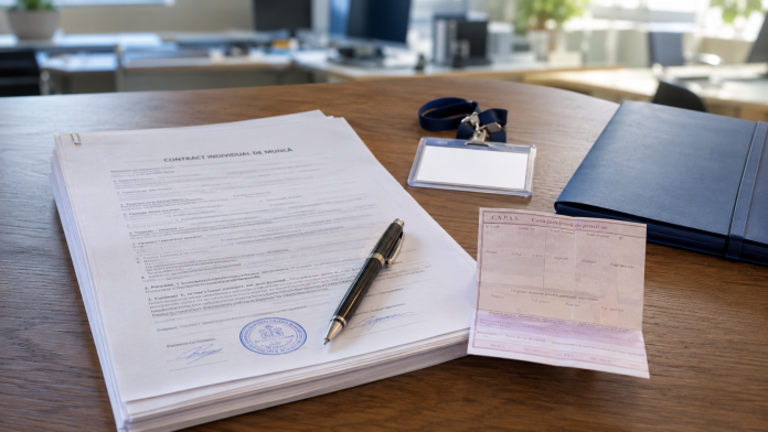 pensionar-loc-munca.jpg Dosar de angajare și talon de pensie pe un birou, ilustrând cumulul pensiei cu salariul.