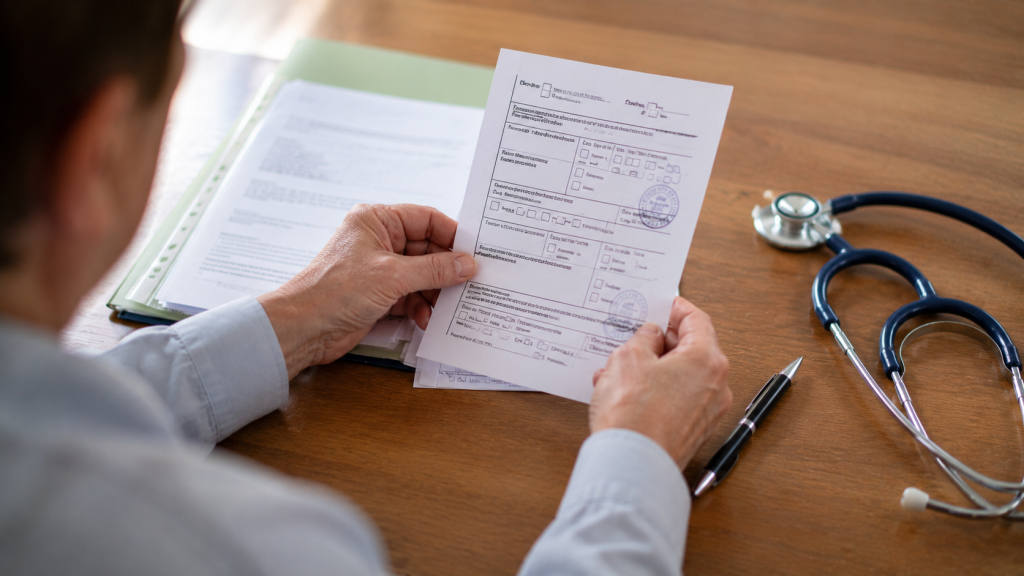 Persoană analizând documente medicale și certificatul de handicap înainte de depunerea dosarului de reînnoire.