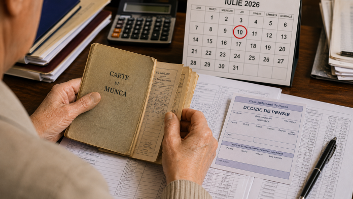 pensionare-anticipata-2026.jpg Persoană analizând documente de pensie și un carnet de muncă înainte de depunerea dosarului pentru pensionare anticipată.