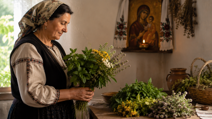 Plante și flori culese de Sfânta Maria Mare și păstrate lângă icoana Maicii Domnului