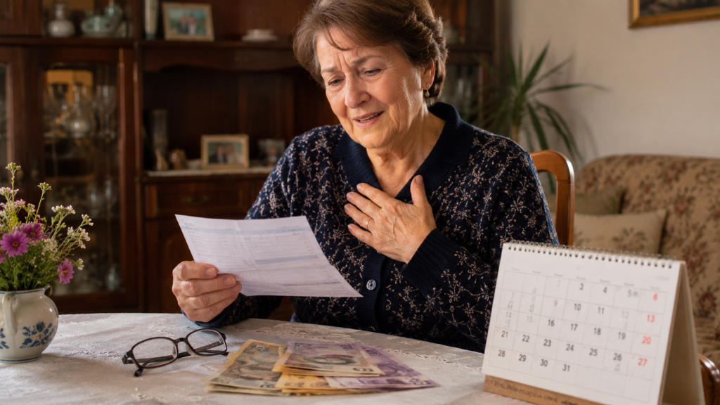 Pensionară din România verificând cuponul de pensie și banii pe care îi poate primi în decembrie 2026.