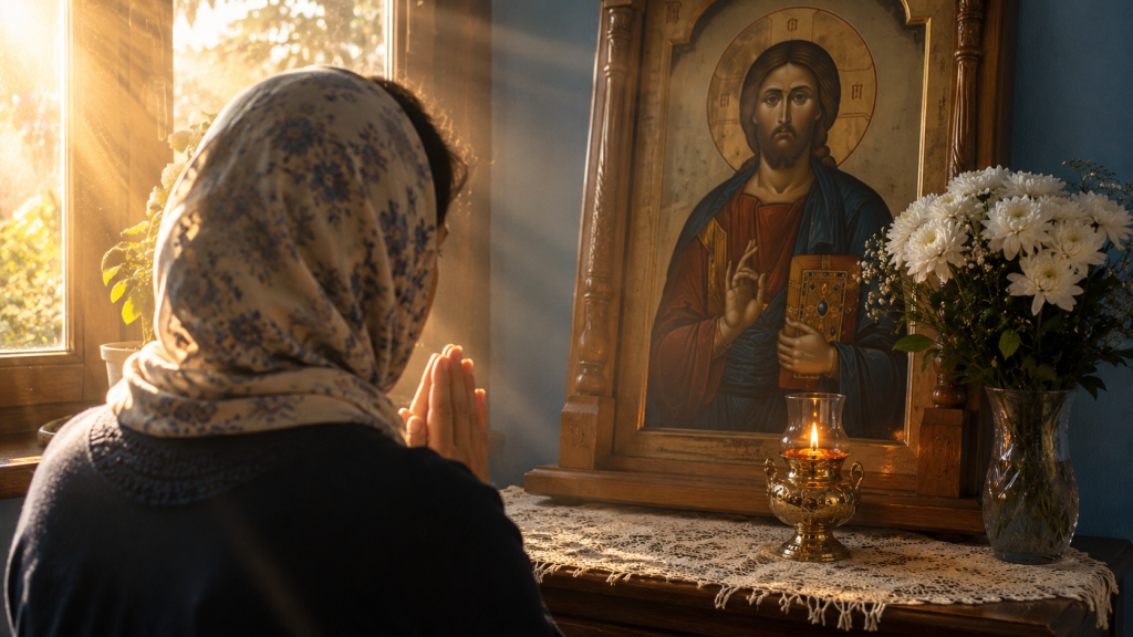 Femeie rugându-se în fața unei icoane ortodoxe, într-o dimineață de duminică, pentru sănătatea și ocrotirea familiei.