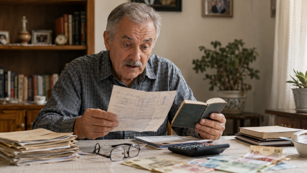 Pensionar care verifică documentele și adeverințele pentru sporurile și veniturile obținute înainte de aprilie 2001 care pot influența pensia.
