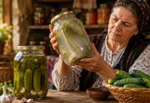 Borcan cu murături și saramură tulbure, exemplu al modificării aspectului lichidului în timpul fermentării.