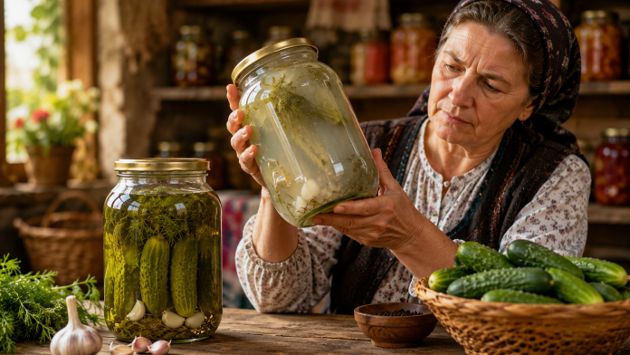 Borcan cu murături și saramură tulbure, exemplu al modificării aspectului lichidului în timpul fermentării.