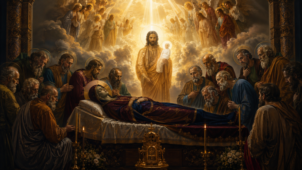 Adormirea Maicii Domnului pe 15 august, sărbătoarea care celebrează trecerea Maicii Domnului de la viața pământească la cea cerească.