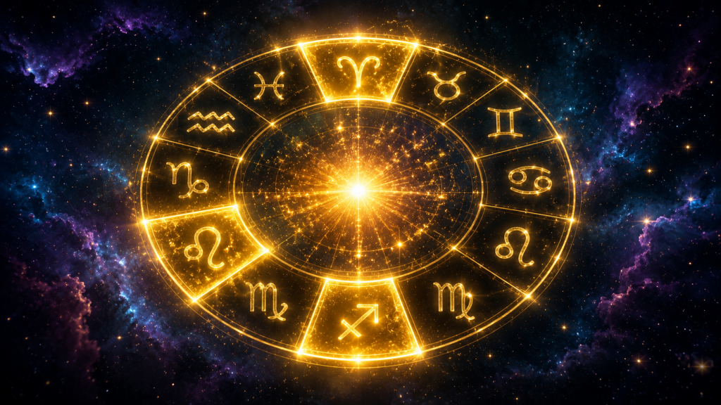 Cerc zodiacal auriu și trei simboluri zodiacale iluminate, pentru horoscopul zilei de 30 august 2026.