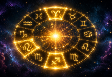 Cerc zodiacal auriu și trei simboluri zodiacale iluminate, pentru horoscopul zilei de 30 august 2026.