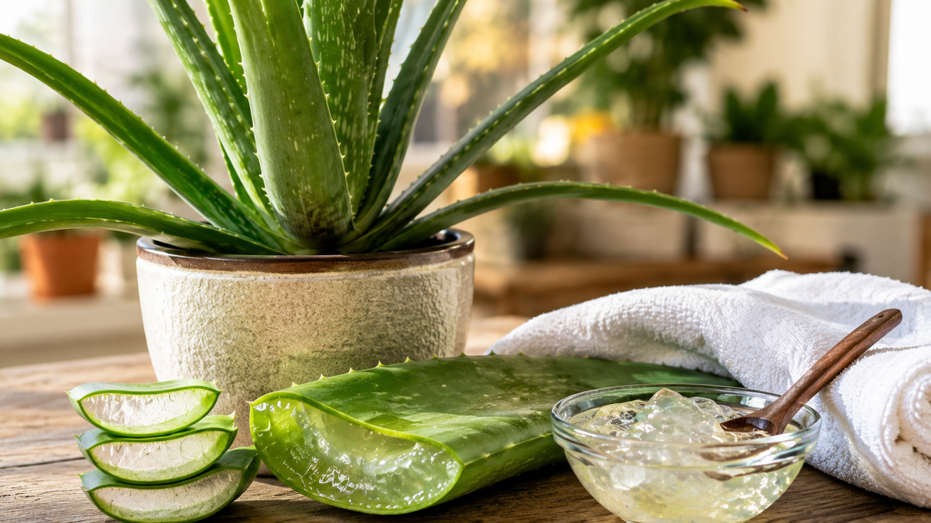 Plantă de aloe vera în ghiveci și frunză tăiată cu gel transparent, utilizările și precauțiile plantei.
