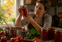 Secretul bulionului care rezistă toată iarna. Greșeala care îl face să fermenteze chiar și în sticle curate Borcan cu bulion de roșii făcut în casă, verificat de o gospodină înainte de depozitare.