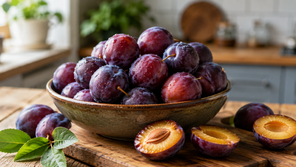 Prune proaspete coapte, aliment de sezon bogat în fibre și compuși antioxidanți.