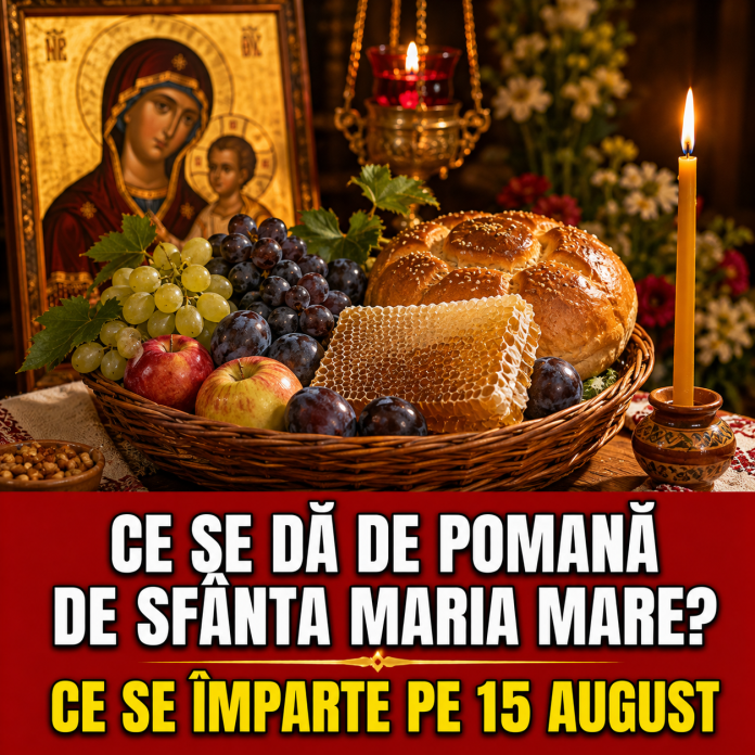 pomana-sfanta-maria-mare-15-august.jpg Coș cu struguri, prune, miere și pâine pregătite pentru a fi împărțite de Sfânta Maria Mare, pe 15 august.