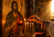 Lumânare aprinsă lângă icoana Sfântului Ioan Botezătorul în ziua de 29 august