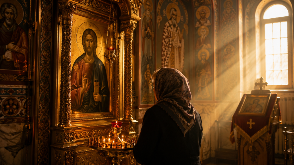 Credincioasă rugându-se în fața unei icoane și a unei candele aprinse, în dimineața zilei de 1 septembrie.