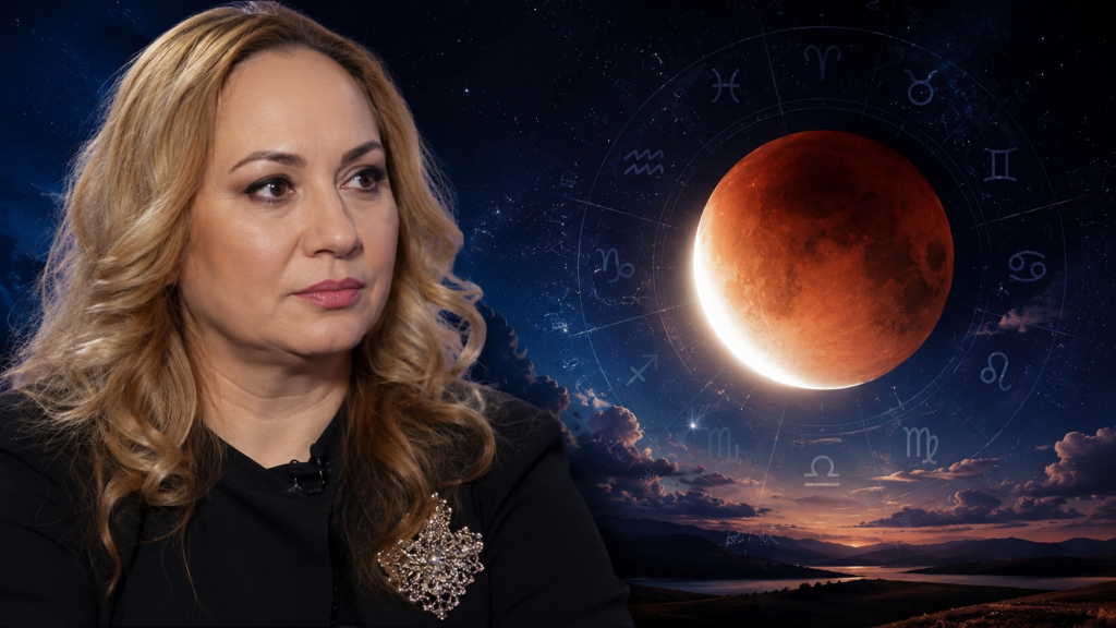 Cristina Demetrescu și eclipsa de Lună din 28 august 2026, într-o imagine despre previziunile astrologice pentru zodiile vizate de schimbări.