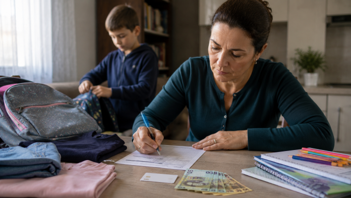 carduri-educationale-500-lei-elevi.jpg Mamă care completează cererea pentru cardul educațional de 500 de lei, lângă rechizitele copilului.