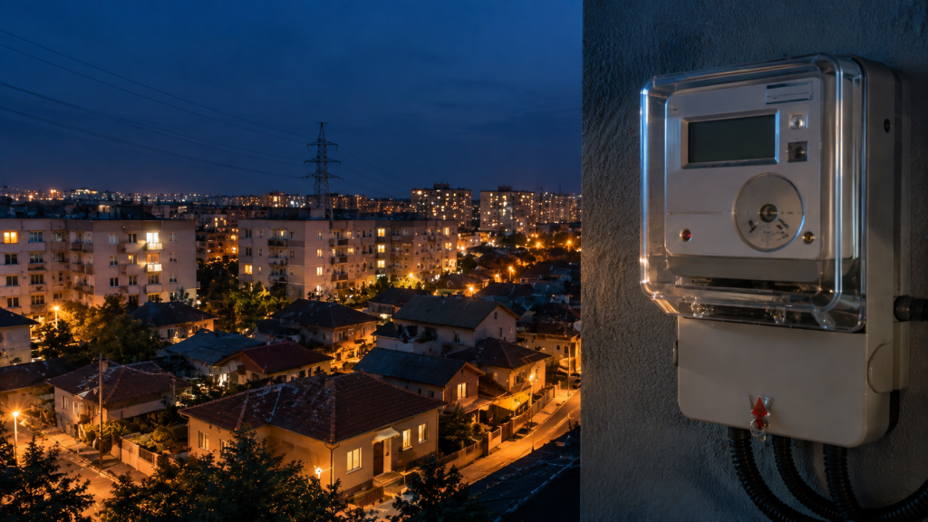 Locuințe din România iluminate seara și contor de energie electrică, imagine ilustrativă pentru decizia privind măsurile de siguranță din sistemul energetic în septembrie 2026.