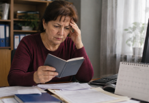 Femeie îngrijorată la ghișeul Casei de Pensii după verificarea anilor necesari pentru pensionarea anticipată