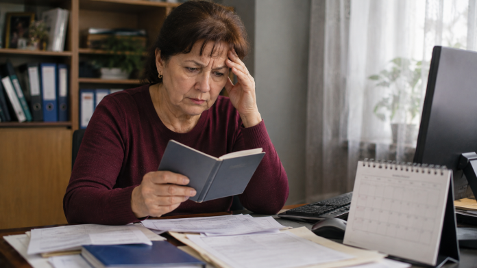 Femeie îngrijorată la ghișeul Casei de Pensii după verificarea anilor necesari pentru pensionarea anticipată