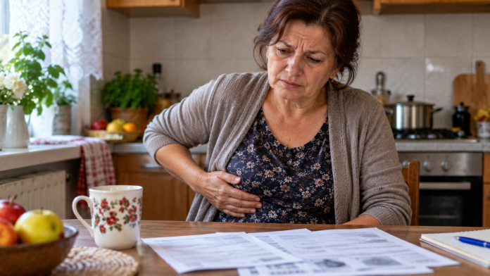 semne-ficat-gras-oboseala.jpg Femeie obosită care simte disconfort în partea dreaptă a abdomenului și discută cu medicul