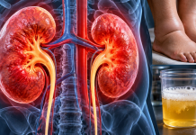7 semne care pot anunța probleme la rinichi. Schimbările pe care multe persoane le observă abia când boala a avansat Ilustrație medicală realistă a rinichilor, alături de picioare umflate și urină spumoasă, simptome care necesită investigații.