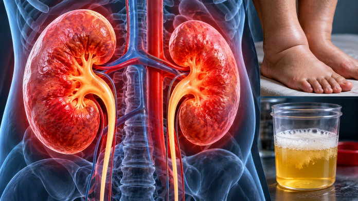 sapte-semne-probleme-la-rinichi.jpg Ilustrație medicală realistă a rinichilor, alături de picioare umflate și urină spumoasă, simptome care necesită investigații.