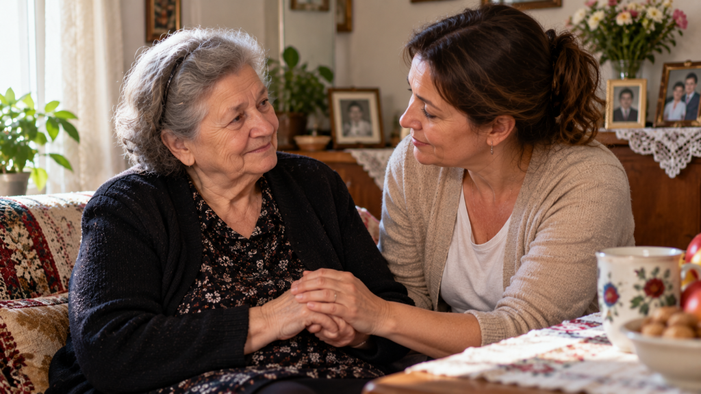 Mamă în vârstă și fiica ei adultă petrecând timp împreună acasă