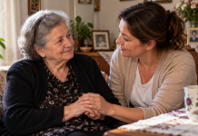 Mamă în vârstă și fiica ei adultă petrecând timp împreună acasă