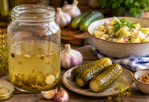 Borcan cu castraveți murați și saramură rămasă, alături de ingrediente de bucătărie
