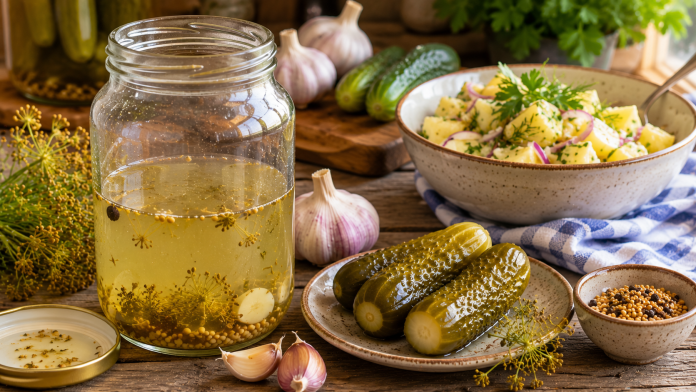 zeama-de-la-muraturi-utilizari.jpg Borcan cu castraveți murați și saramură rămasă, alături de ingrediente de bucătărie