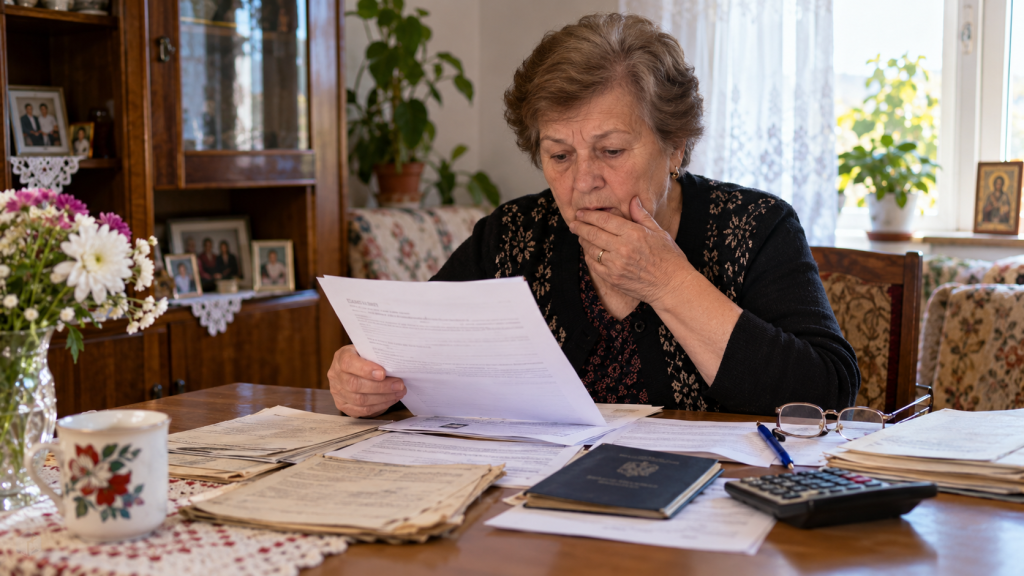 Pensionară verificând documente și adeverințe care pot fi folosite la recalcularea pensiei