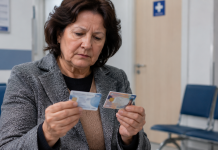 Femeie care ține în mână cardul de sănătate și cartea electronică de identitate înaintea unei consultații medicale