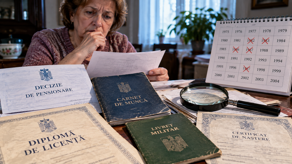 Dosar de pensie alături de o diplomă universitară și un livret militar, reprezentând perioadele care pot fi recunoscute la pensie.