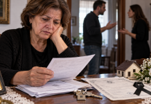 Moștenirea după moartea soțului: Greșeala prin care soția poate pierde o parte din casă și din bani Femeie îngrijorată privind actele casei, certificatul de deces și cheile locuinței după moartea soțului.