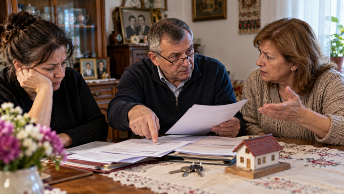 Frați discutând despre moștenirea casei rămase de la părinți