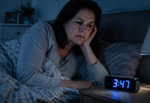 Femeie trezită între orele 3 și 5 dimineața care privește îngrijorată ceasul de pe noptieră