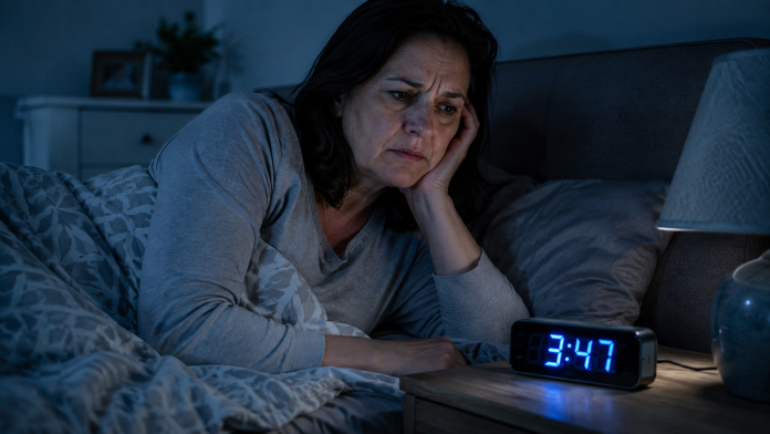 trezire-intre-3-si-5-dimineata.jpg Femeie trezită între orele 3 și 5 dimineața care privește îngrijorată ceasul de pe noptieră