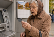 Pensionară verificând cardul bancar și calendarul plății pensiei din septembrie 2026.