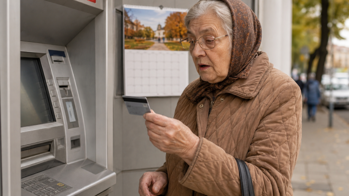 Pensionară verificând cardul bancar și calendarul plății pensiei din septembrie 2026.