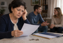 Soție și doi copii care discută despre moștenirea locuinței după moartea proprietarului